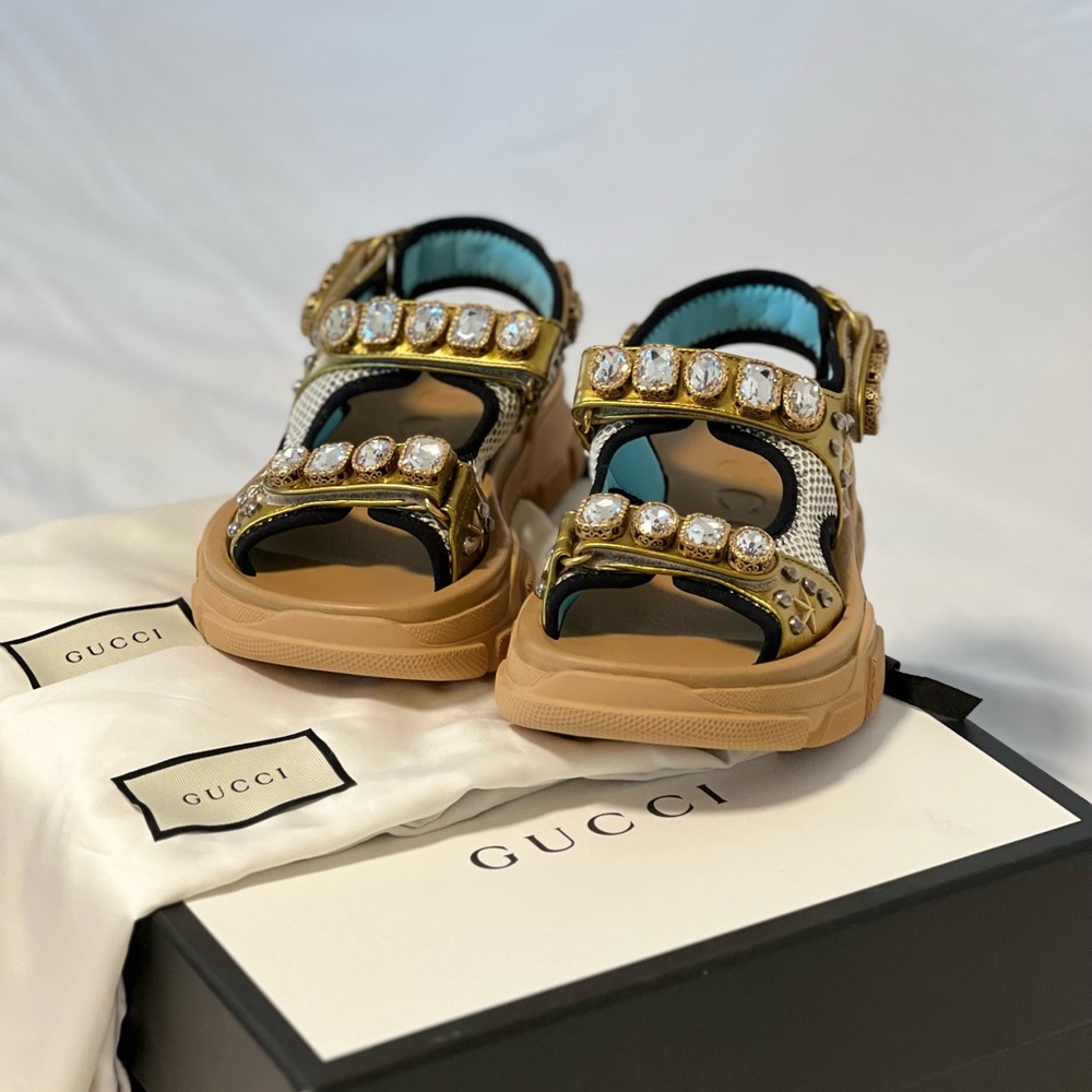 Gucci Gold Leather and Mesh Crystal Aguru Chunky Ankle Strap Sandals